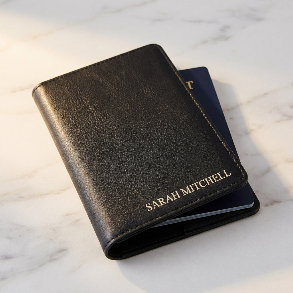 Personalised Passport Holder - Black Leather